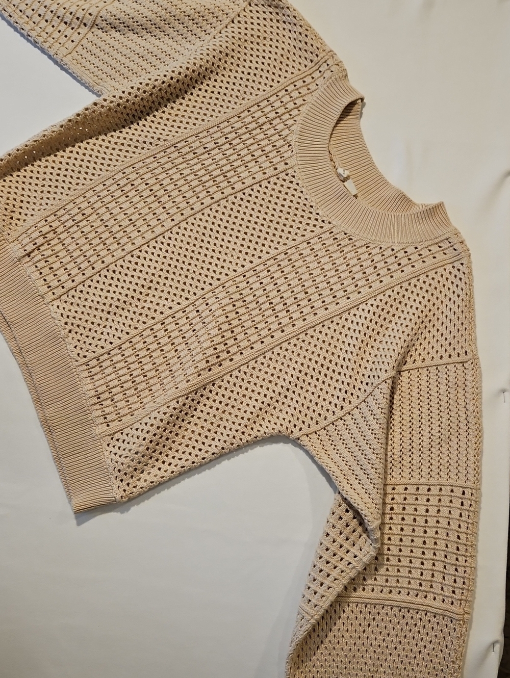 Moth Beige Open-Weave Crewneck Cotton Rich Drapey Wide Sleeve Sweater0039